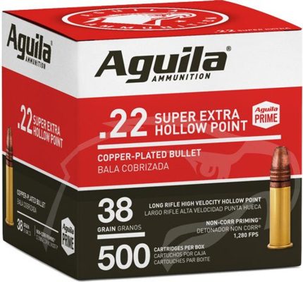 Aguila Super Extra High Velocity Ammunition 22 Long Rifle 38 Grain Plated Lead Hollow Point Bulk